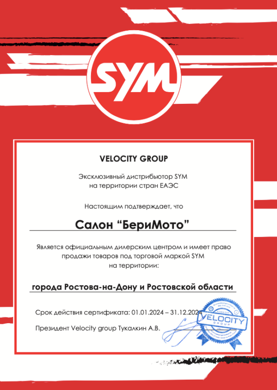 VELOCITY GROUP Эксклюзивный дистрибьютор SYM на территории стран ЕАЭС