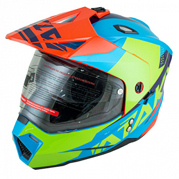 Шлем мотард ATAKI JK802 Splash (красный-синий-Hi-Vis зеленый глянцевый, L)